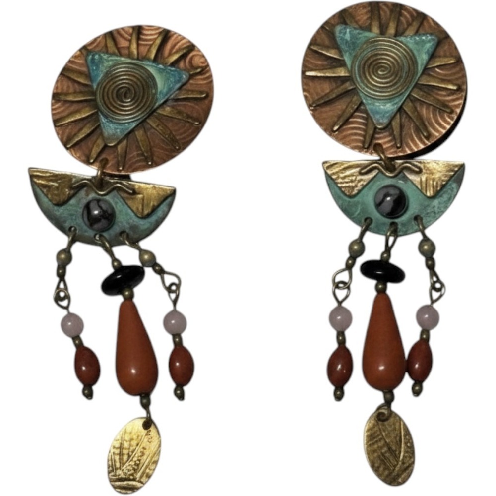 Vintage Boho Brutalist Mixed Metal Verdigris Clip On Earrings Southwestern Retro
